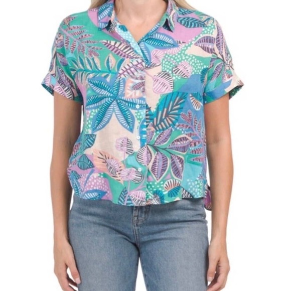 Cynthia Rowley | Women | 100% Linen Tropical Cap Sleeve Button Up Shirt | Small - Picture 10 of 10